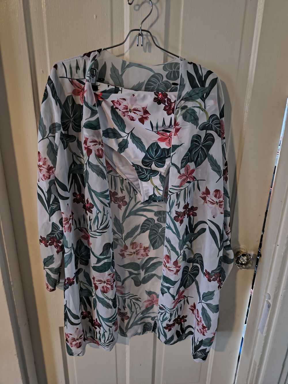 SHEIN White Floral Swim Bikini Cover-Up with Green & Pink Print